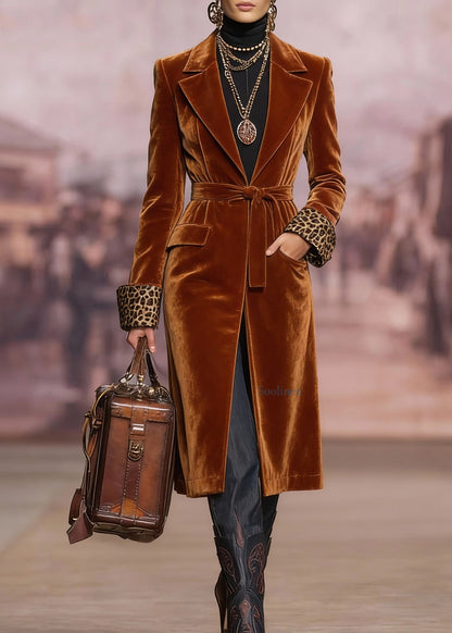 Women Brown Peter Pan Collar Lace Up Velvet Coat Spring