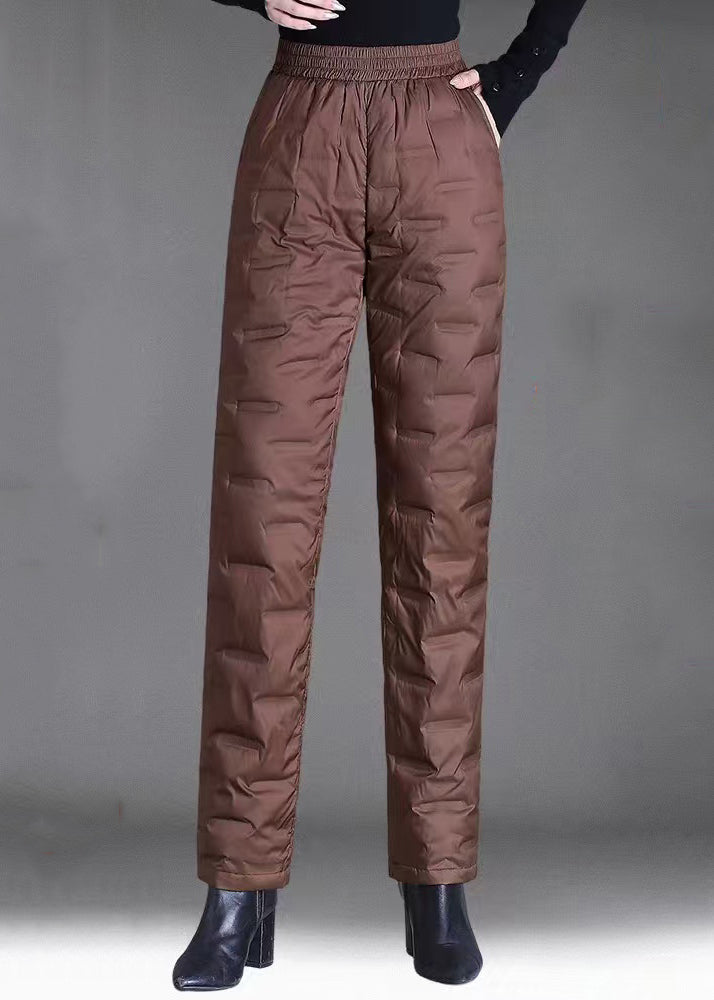 Damen braune Winterhose mit Taschen, elastischem Bund und Daunenfüllung