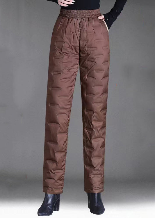 Damen braune Winterhose mit Taschen, elastischem Bund und Daunenfüllung