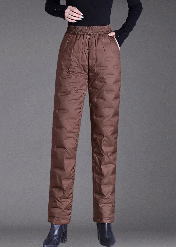Damen braune Winterhose mit Taschen, elastischem Bund und Daunenfüllung