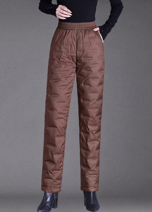 Damen braune Winterhose mit Taschen, elastischem Bund und Daunenfüllung