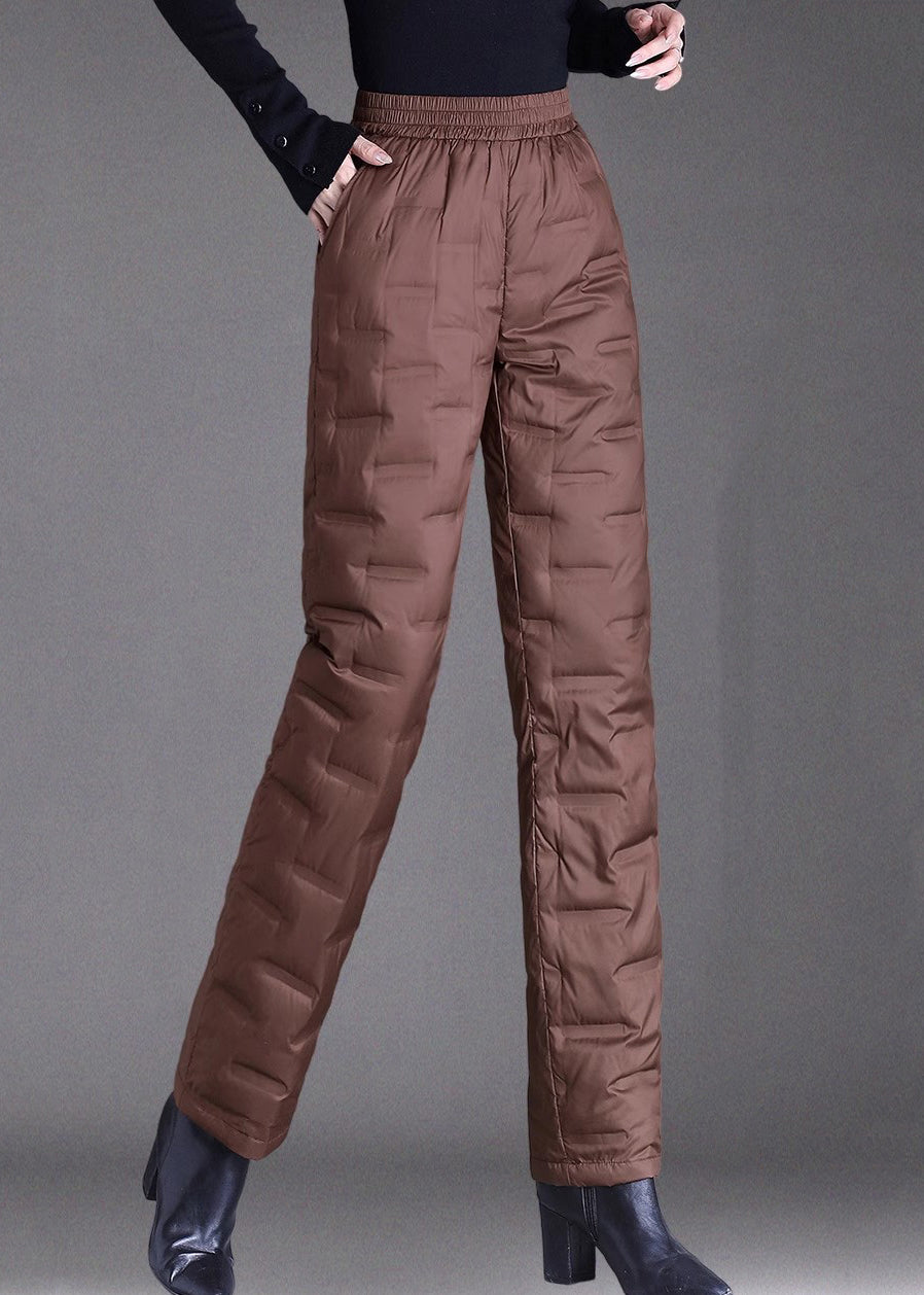 Damen braune Winterhose mit Taschen, elastischem Bund und Daunenfüllung