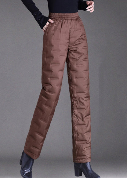 Damen braune Winterhose mit Taschen, elastischem Bund und Daunenfüllung