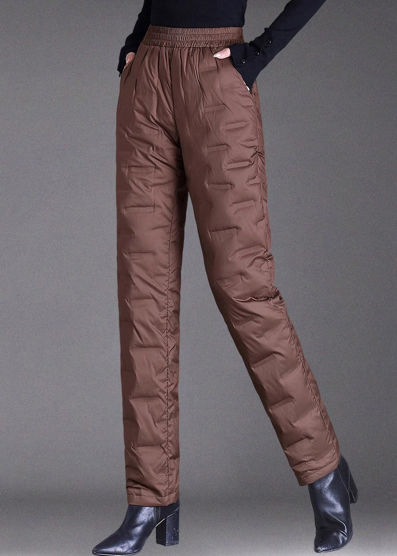 Damen braune Winterhose mit Taschen, elastischem Bund und Daunenfüllung