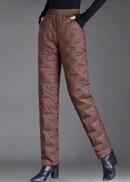 Damen braune Winterhose mit Taschen, elastischem Bund und Daunenfüllung