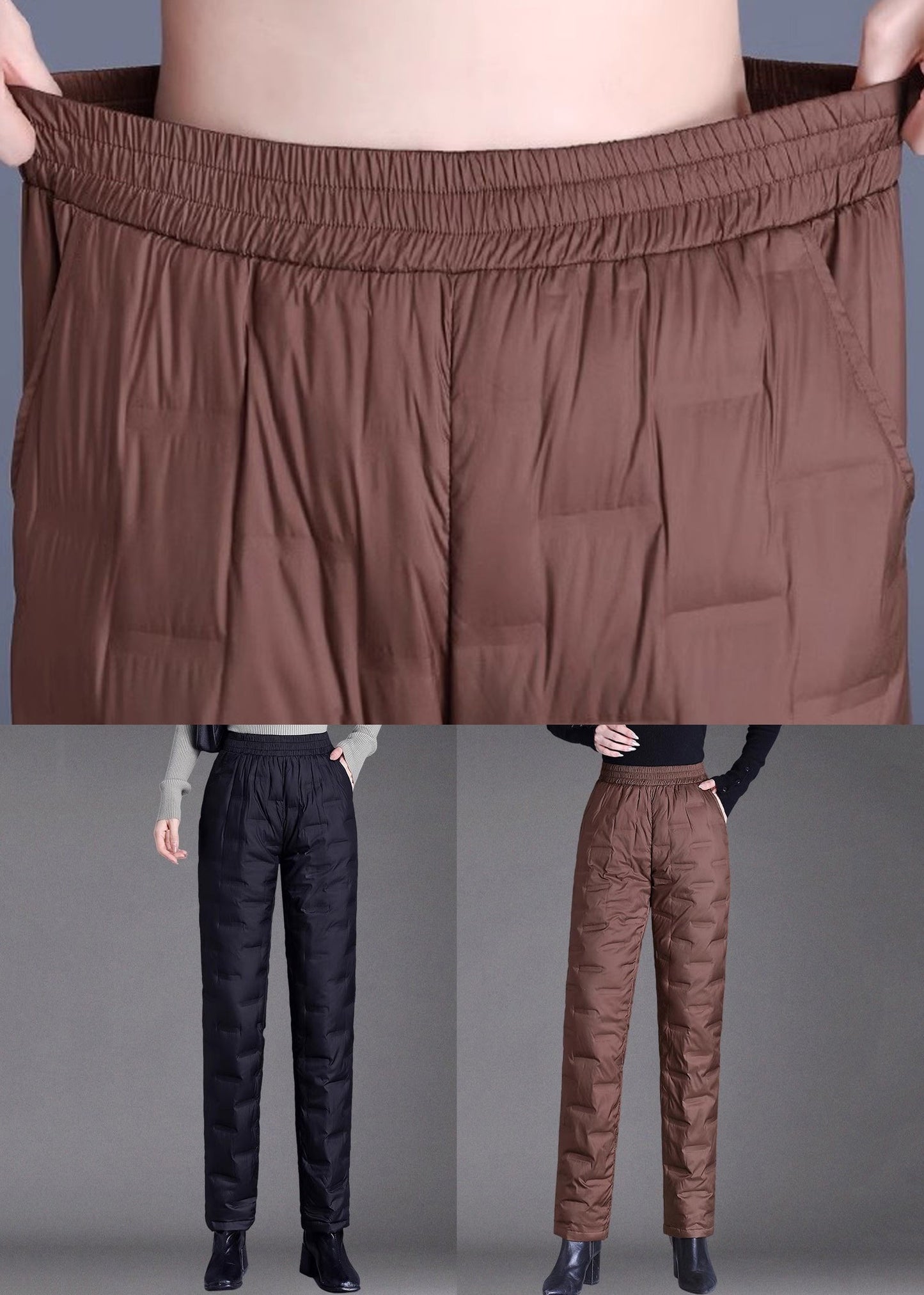 Damen braune Winterhose mit Taschen, elastischem Bund und Daunenfüllung