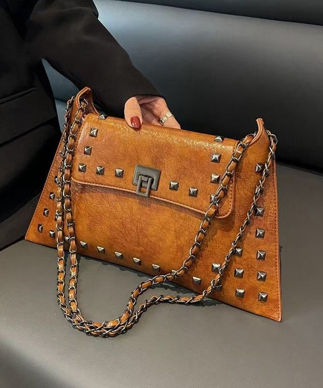 Women Brown Rivet Faux Leather Chain Linked Shoulder Bags