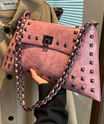Women Brown Rivet Faux Leather Chain Linked Shoulder Bags
