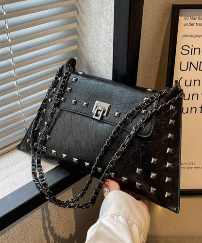 Women Brown Rivet Faux Leather Chain Linked Shoulder Bags