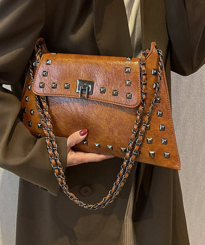 Women Brown Rivet Faux Leather Chain Linked Shoulder Bags