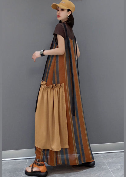 Frauen Braun Gestreiften Patchwork eine linie röcke Kurzarm Kleider