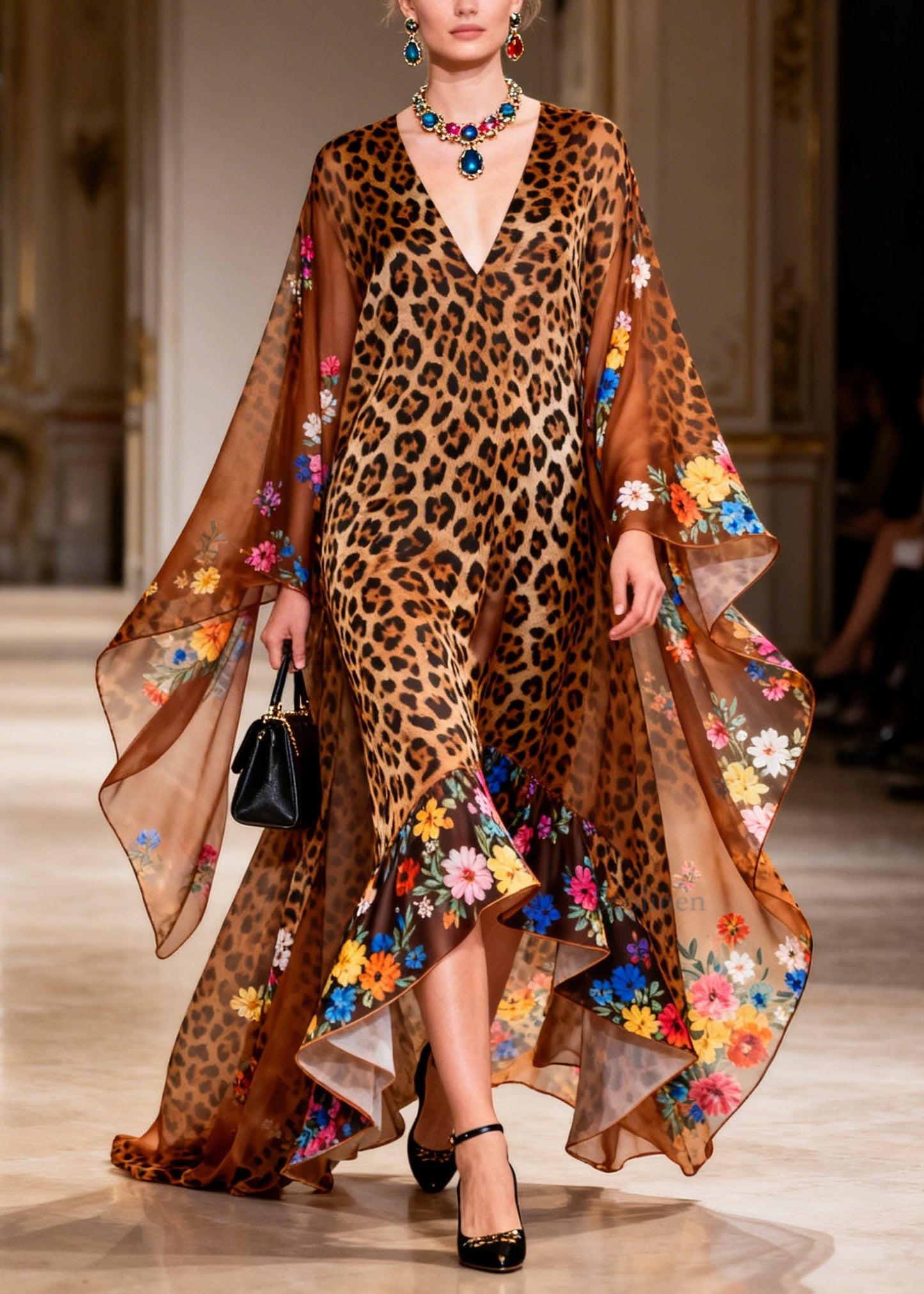 Women Brown V Neck Print Asymmetrical Design Patchwork Chiffon Maxi Dress Summer