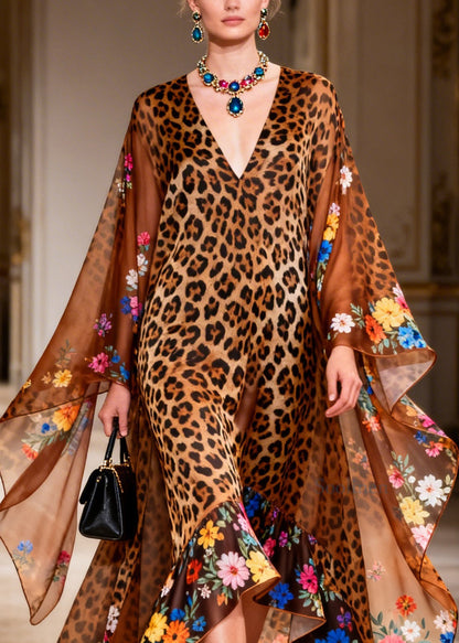 Women Brown V Neck Print Asymmetrical Design Patchwork Chiffon Maxi Dress Summer