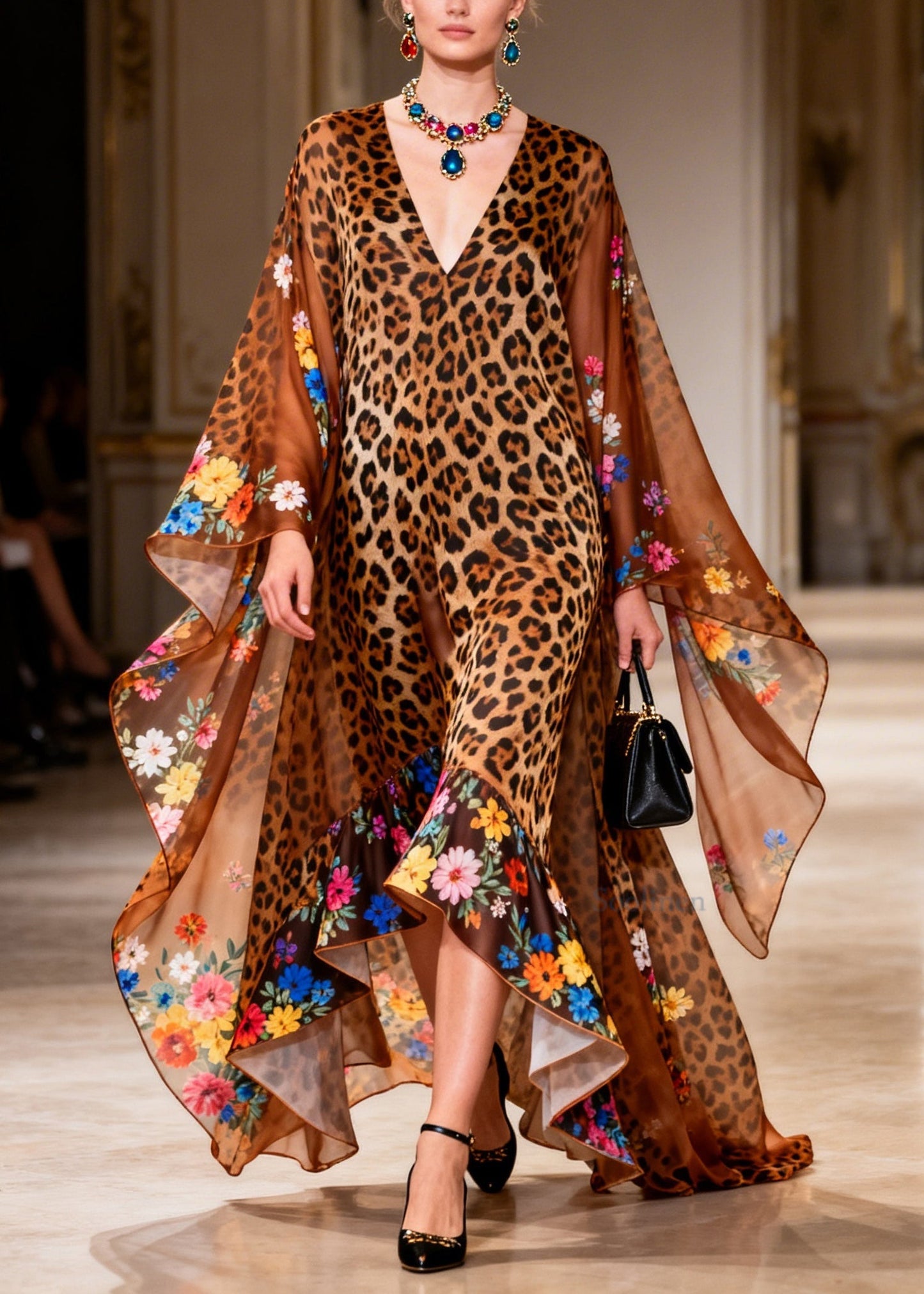 Women Brown V Neck Print Asymmetrical Design Patchwork Chiffon Maxi Dress Summer