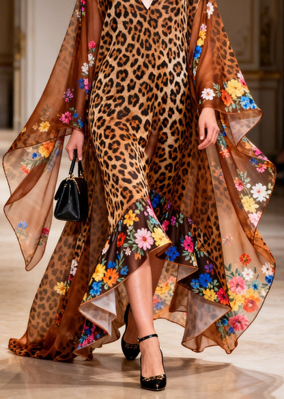 Women Brown V Neck Print Asymmetrical Design Patchwork Chiffon Maxi Dress Summer