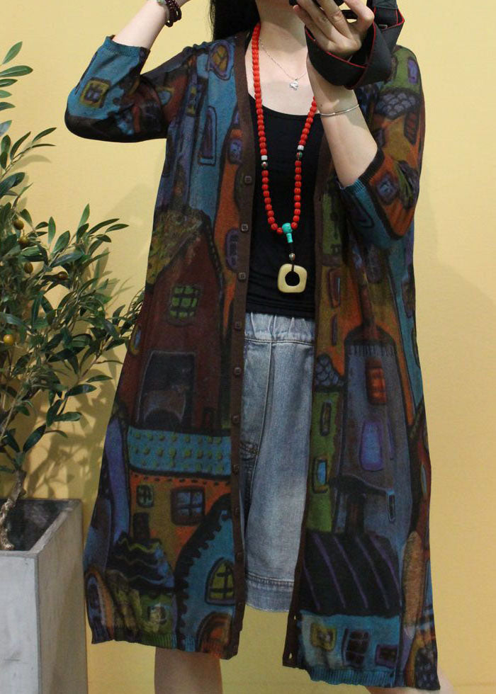 Frauen Braun V-Ausschnitt Print Button Herbst Strickcardigans Langarm