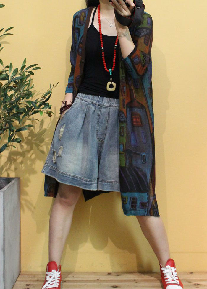 Frauen Braun V-Ausschnitt Print Button Herbst Strickcardigans Langarm