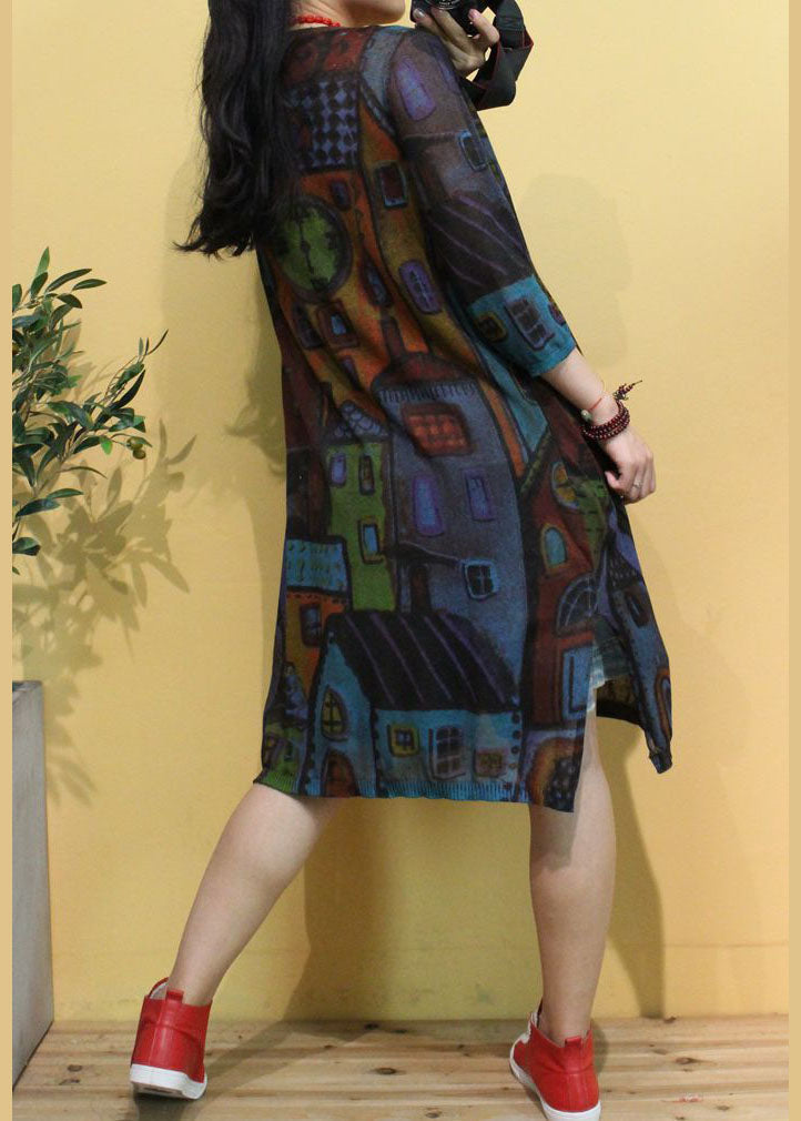 Frauen Braun V-Ausschnitt Print Button Herbst Strickcardigans Langarm