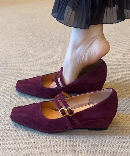 Women Buckle Strap Splicing Wedge Heels Shoes Purple Suede