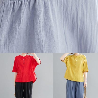 Women Button Down elastic waist linen shirts women red Art blouses - SooLinen