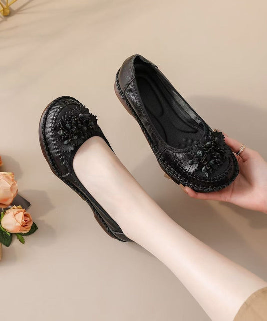 Women Caramel Flats Cowhide Leather Comfortable Floral