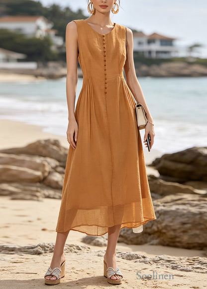 Women Caramel O Neck Patchwork Cotton Maxi Dresses Sleeveless