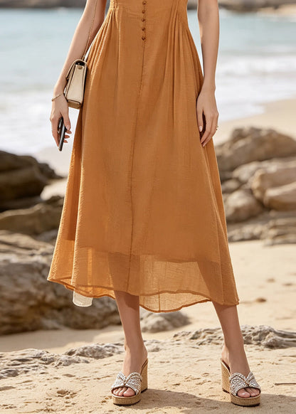 Women Caramel O Neck Patchwork Cotton Maxi Dresses Sleeveless