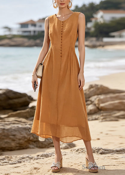 Women Caramel O Neck Patchwork Cotton Maxi Dresses Sleeveless