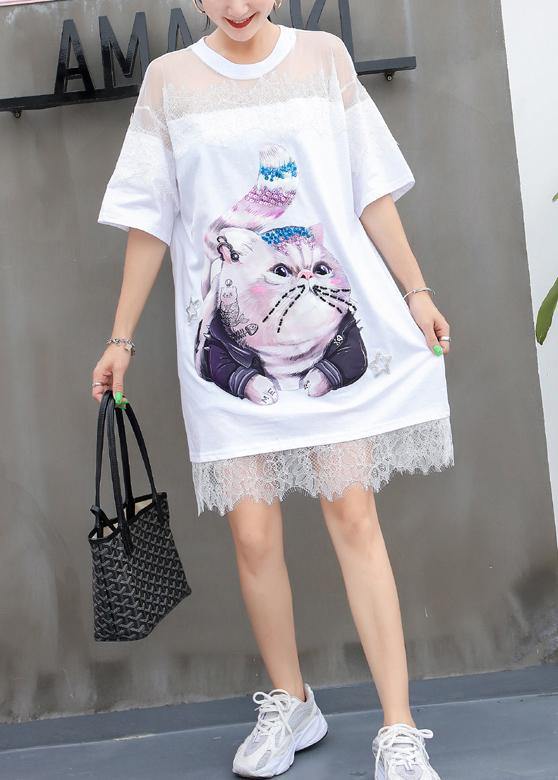 Women Cartoon print Cotton Tunics Inspiration white patchwork lace Dresses summer - SooLinen