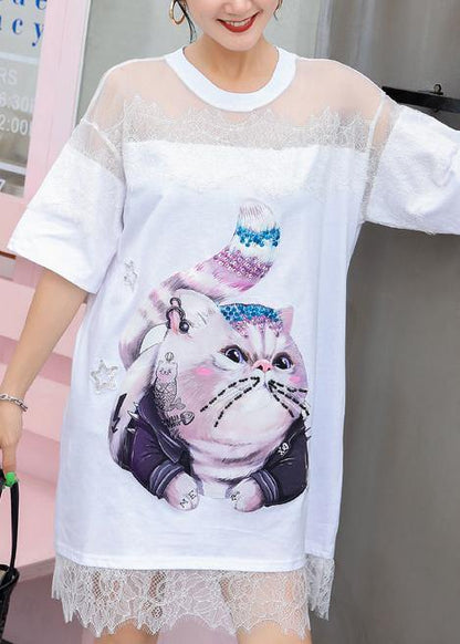 Women Cartoon print Cotton Tunics Inspiration white patchwork lace Dresses summer - SooLinen