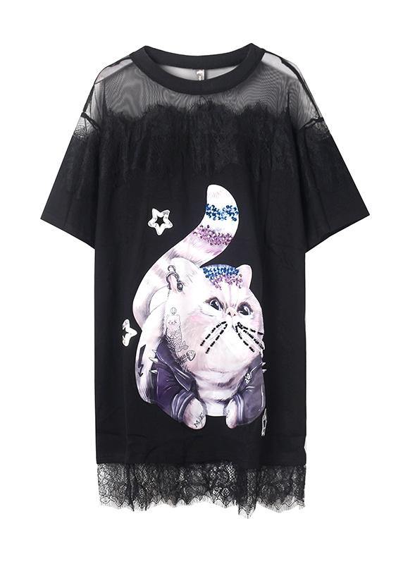 Women Cartoon print Cotton Tunics Inspiration white patchwork lace Dresses summer - SooLinen