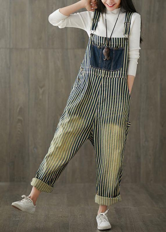 Women Casual Cotton Minimalist Vertical Striped Vintage Full Length Jumpsuits - SooLinen
