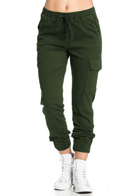 Women Casual Elastic Waist Drawstring Side Pockets Pants - SooLinen