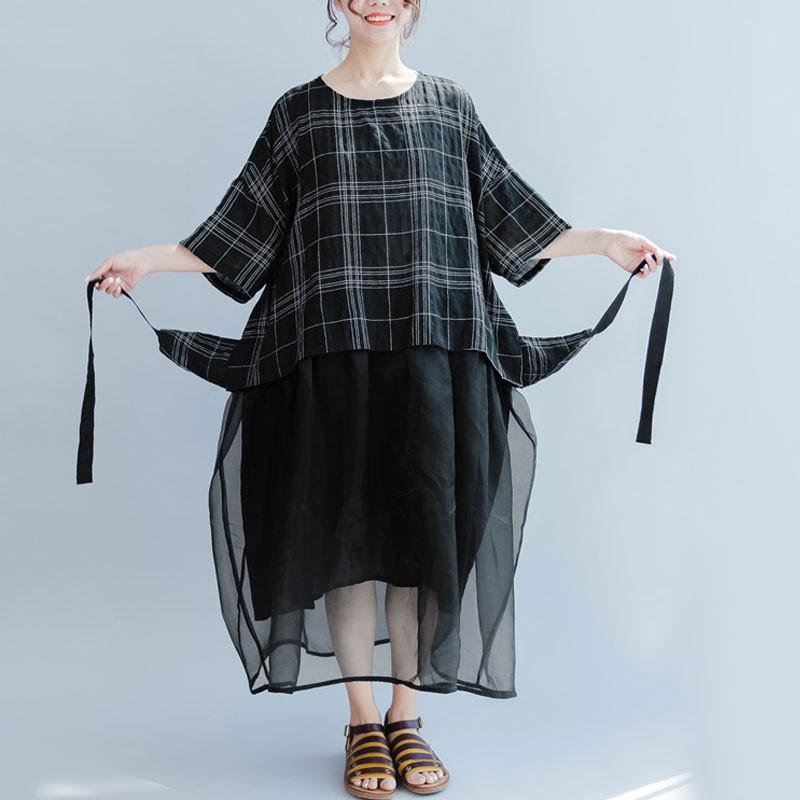 Frauen Casual Gitter Lose Sommer Schnürung Schwarzes Kleid