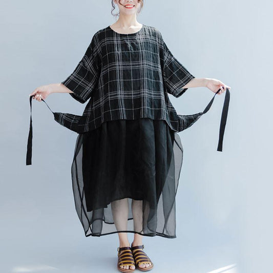 Frauen Casual Gitter Lose Sommer Schnürung Schwarzes Kleid