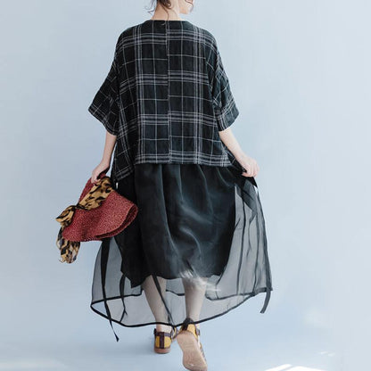 Frauen Casual Gitter Lose Sommer Schnürung Schwarzes Kleid