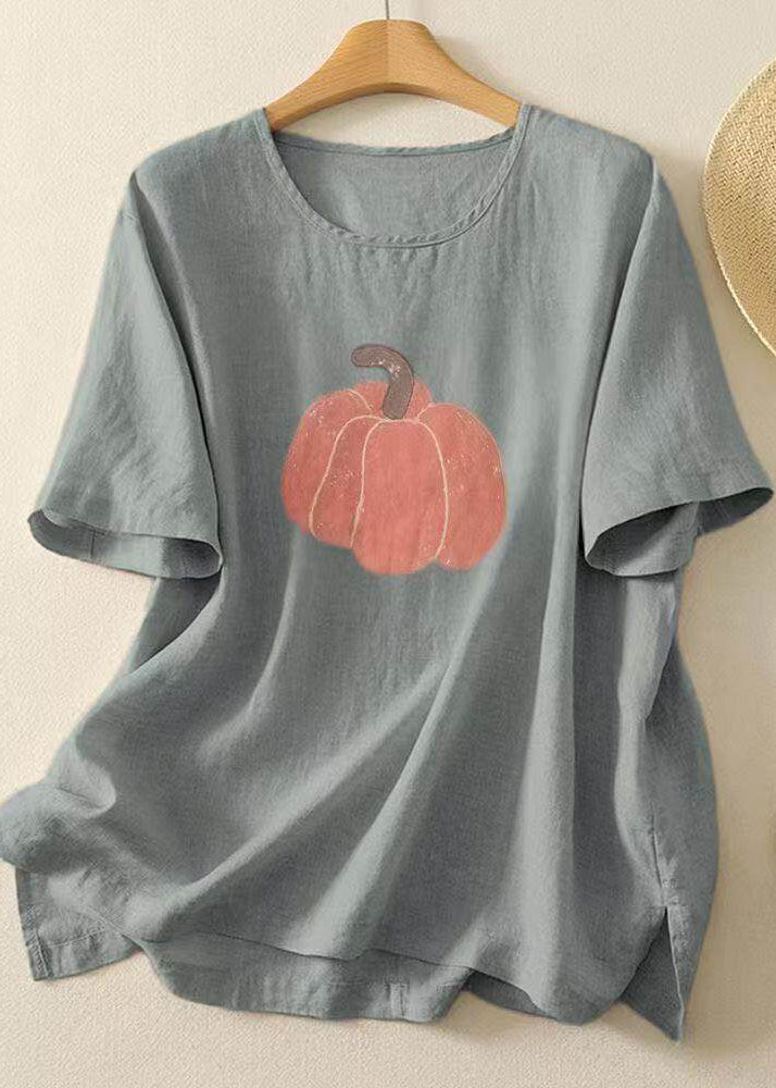 Women Casual Navy O Neck Print Cotton T Shirt Tops Summer
