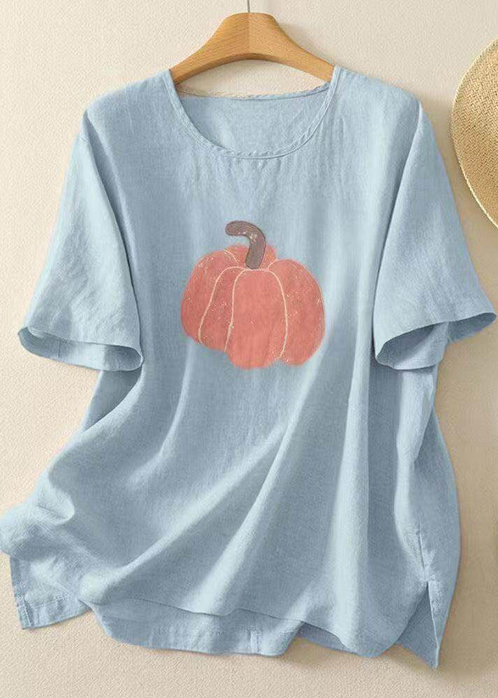 Women Casual Navy O Neck Print Cotton T Shirt Tops Summer