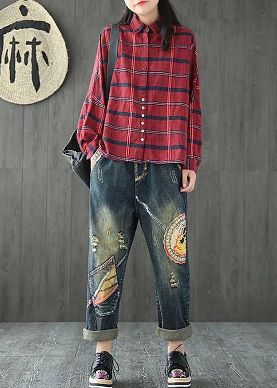 Lässiges kariertes, lockeres Baumwoll-Frühlingshemd für Damen