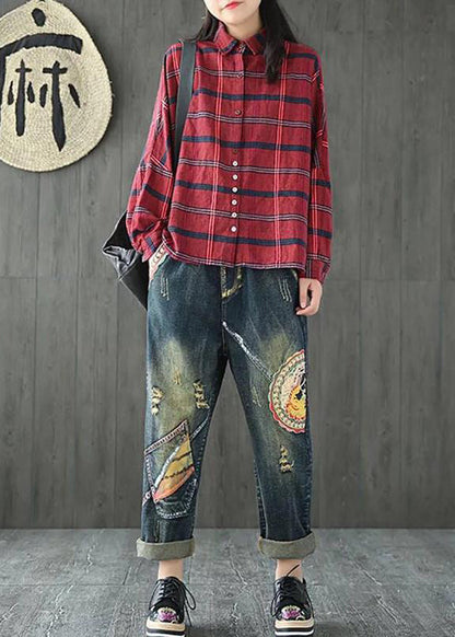 Lässiges kariertes, lockeres Baumwoll-Frühlingshemd für Damen