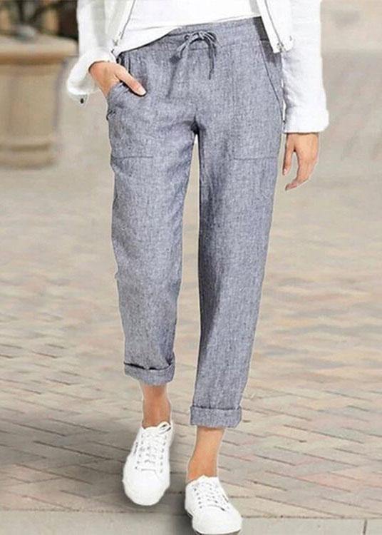 Women Casual Solid Color Elastic Waist Side Pockets Trouser Pants - SooLinen