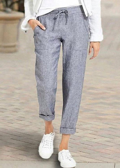 Women Casual Solid Color Elastic Waist Side Pockets Trouser Pants - SooLinen
