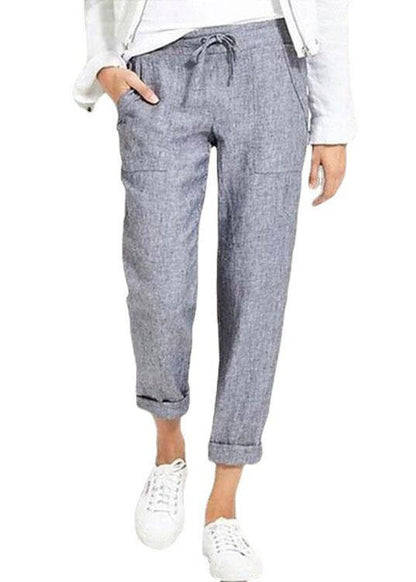 Women Casual Solid Color Elastic Waist Side Pockets Trouser Pants - SooLinen