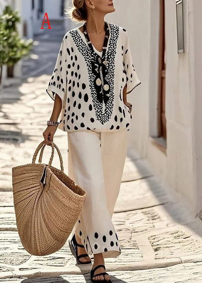 Women Casual V Neck Print Cotton 2 Piece Outfit Summer