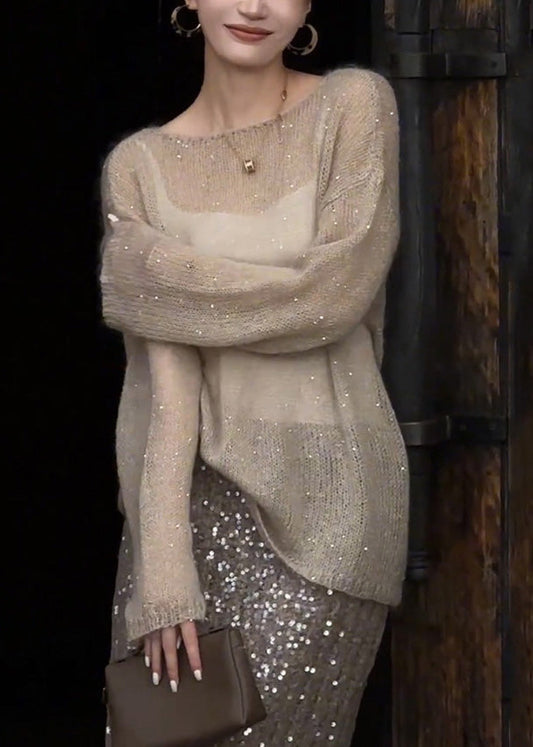 Top de punto fino con lentejuelas y cuello redondo color champán para mujer, primavera