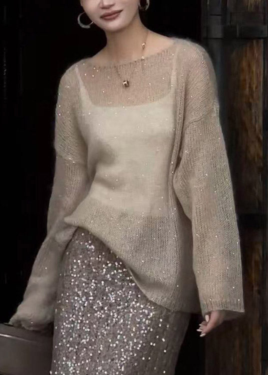 Top de punto fino con lentejuelas y cuello redondo color champán para mujer, primavera