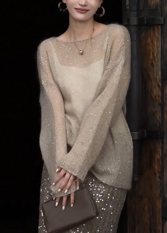 Top de punto fino con lentejuelas y cuello redondo color champán para mujer, primavera