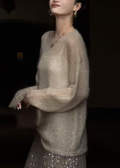 Top de punto fino con lentejuelas y cuello redondo color champán para mujer, primavera