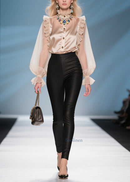 Women Champagne Ruffled Patchwork Chiffon Blouses Summer