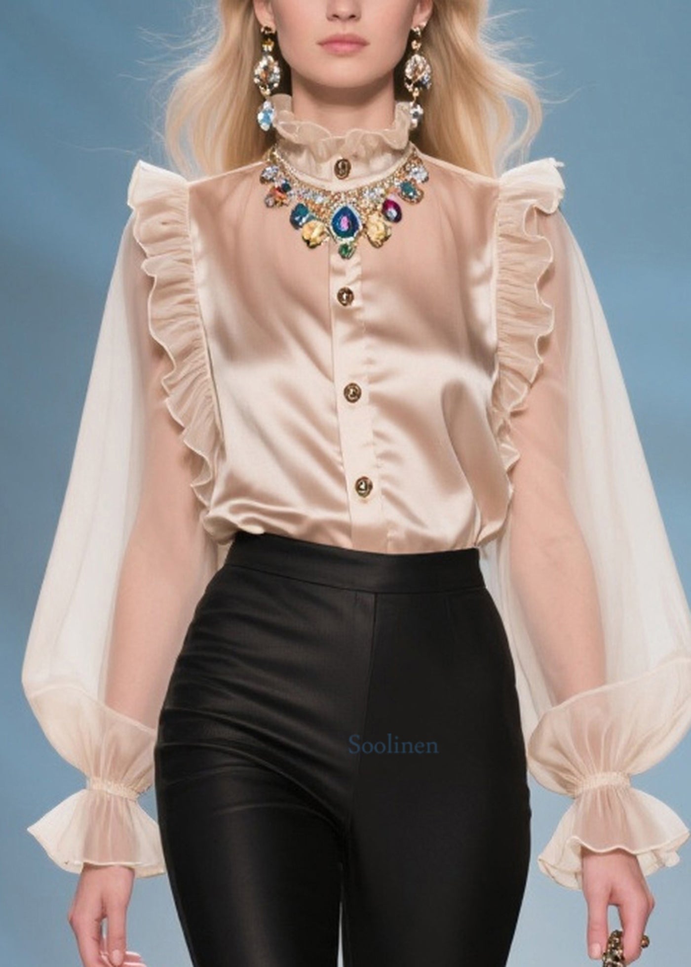 Women Champagne Ruffled Patchwork Chiffon Blouses Summer